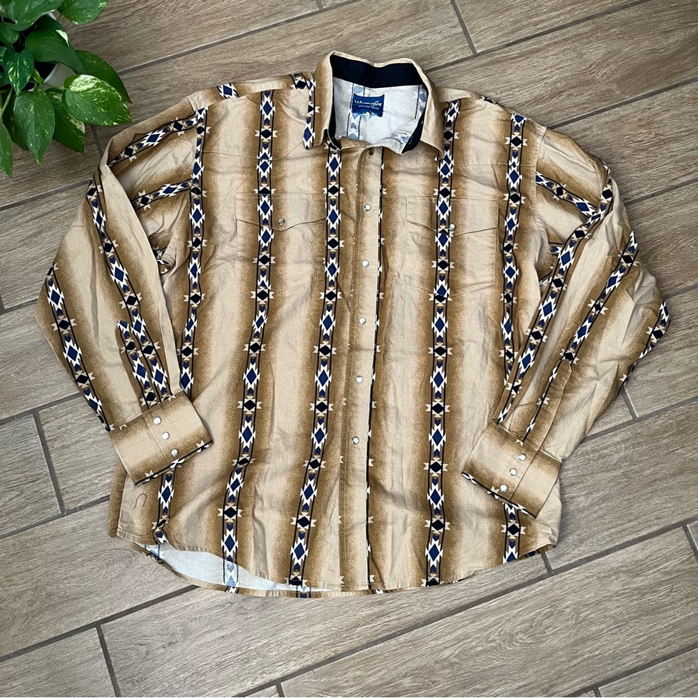 Vintage Wrangler Western Shirt Men's XL Aztec Brushpopper Pearl Snap